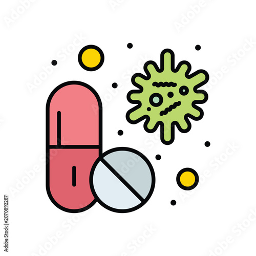 Medical pills and virus icon concept flat vector illustration with medicine
