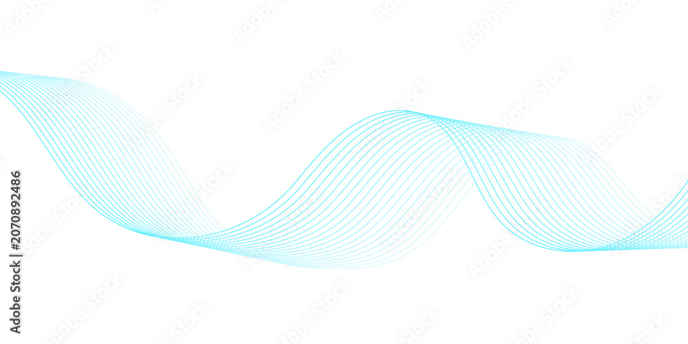 Fototapeta premium Abstract blue and cyan flowing wave line banner featuring smooth fluid curves, audio soundwave frequencies, and modern digital technology line art on transparent background.