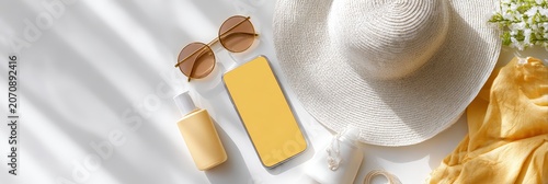 Calm sun care flatlay with sunscreen bottle hat sunglasses and phone mockup for summer banner background and wellness design