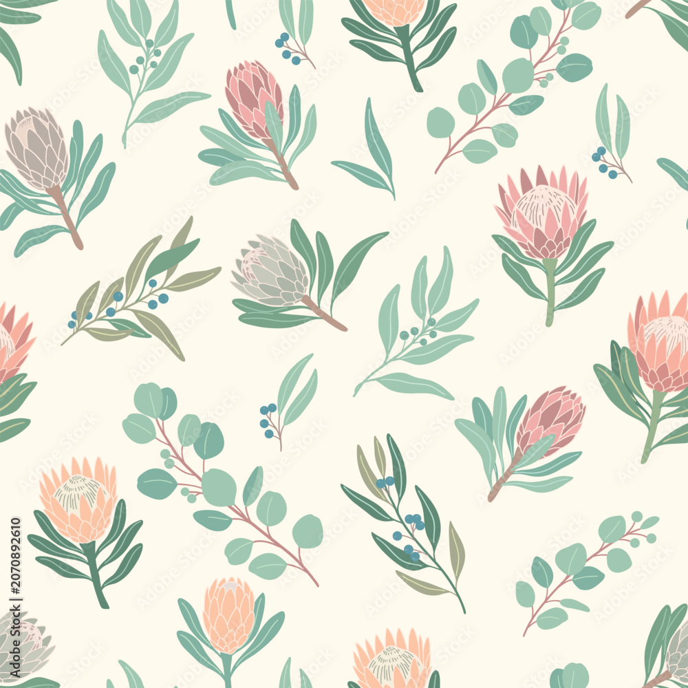 Fototapeta premium Seamless botanical pattern with pink protea flowers and green eucalyptus branches