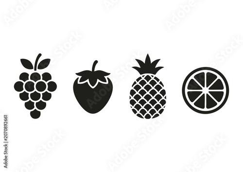 Black Fruit Icons Vector Set Isolated on White Background, Minimal Food Symbol Collection for Healthy Lifestyle and Graphic Design