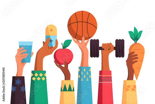 Healthy Lifestyle Choices and Wellness Concept with People Holding Fitness and Nutrition Icons