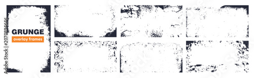 Set of black grunge overlay frame and background with grime and rugged effect. Border vintage texture collection.