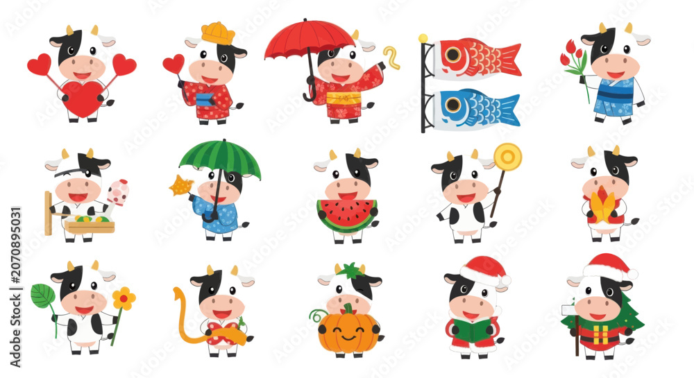 Fototapeta premium Set of cute cartoon cows in various seasonal outfits and activities