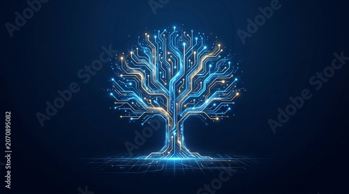 Glowing Digital Circuit Tree Concept of Technology and Nature