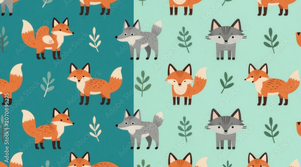 Fototapeta premium Playful animal pattern features foxes wolves amid foliage. Seamless design uses orange grey green hues. Perfect wallpaper fabric kids room decor textile print. Cute illustration suits baby nursery