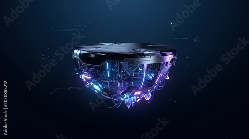 Futuristic Floating High-Tech Core with Glowing Circuits and Crystals