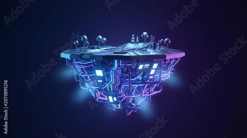 Futuristic Floating Cybernetic Island with Neon Lights