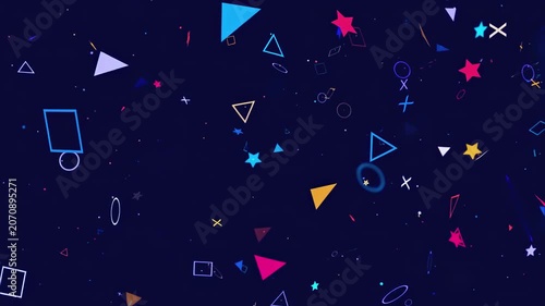 Vibrant Geometric Shapes Dancing Across a Dark Blue Abstract Motion Background Video
