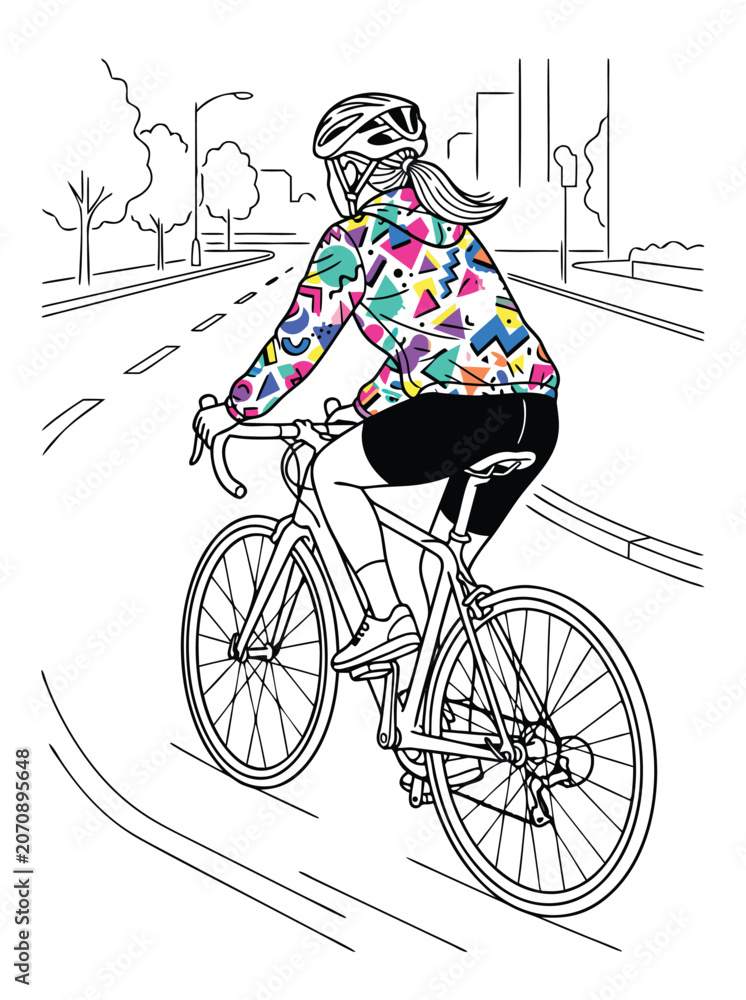 Obraz premium Woman cycling on city road wearing colorful geometric jacket vector illustration