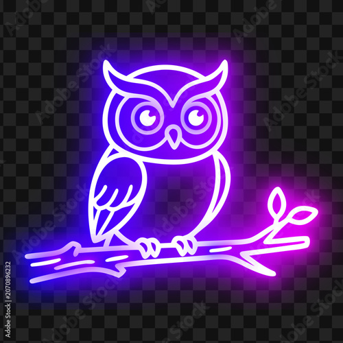 Glowing Neon Purple Owl Vector Illustration Sitting on Branch Night Bird Sign