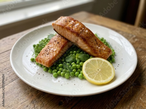Panseared salmon fillets served over a bed of fresh green peas with lemon