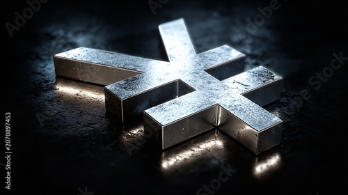 Shiny metallic currency symbol illuminated in dramatic light on dark textured background