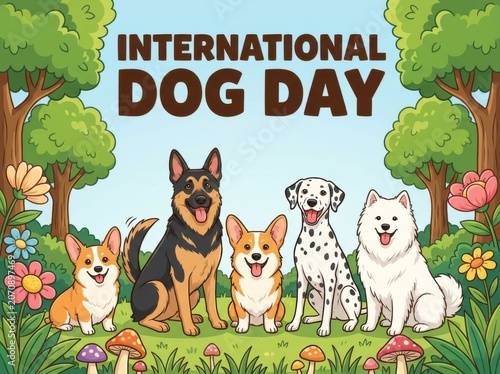 International dog day illustration with various breeds in a forest