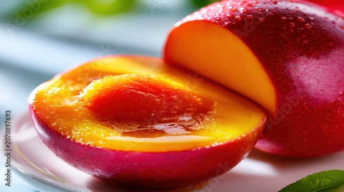Ripe mango halves glow with sweet juice