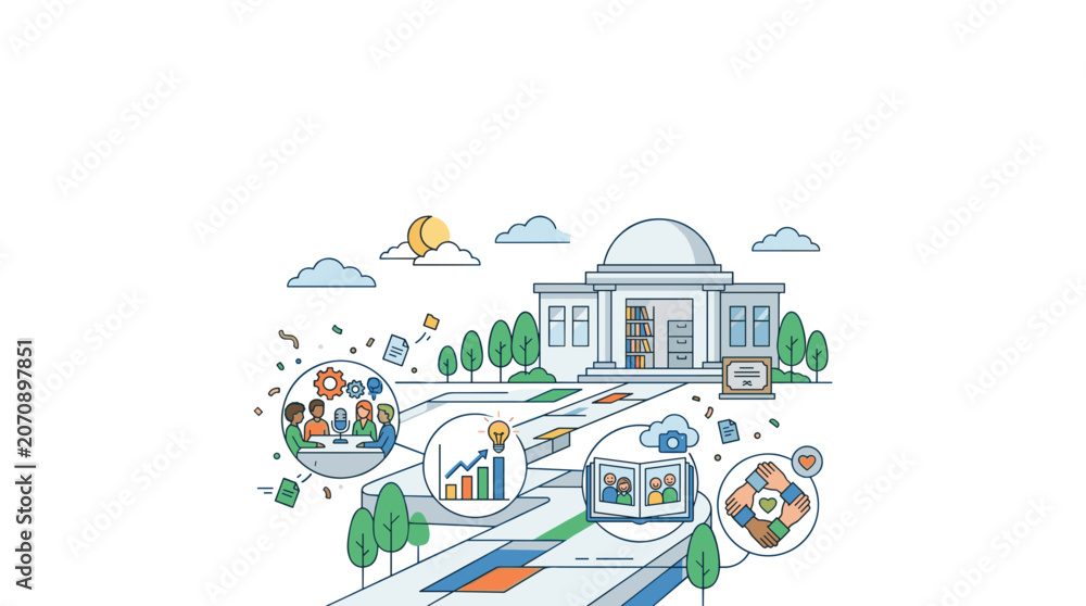 Fototapeta premium Illustration of a learning journey with a central building and various icons representing education and collaboration