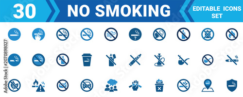 Set of 30 no smoking icons for health and safety signage Vector illustration icon set