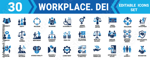 Set of 30 professional workplace diversity equity and inclusion icons for business presentations and corporate reports Vector