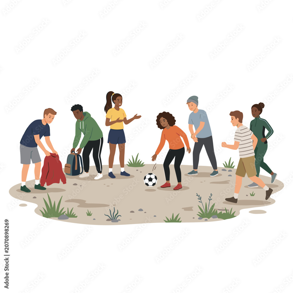 Fototapeta premium Diverse group of young people playing soccer outdoors on a sunny day