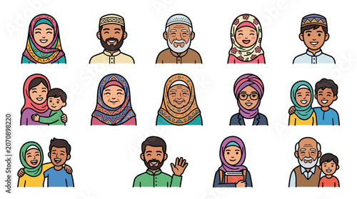 Vibrant collection of 55 high quality studio portraits showcasing diverse and joyful Muslim individuals from various cultures celebrating unity, faith, and happiness in rich colorful attire