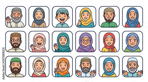 Vibrant collection of 55 diverse Muslim community portraits showcasing joyful and friendly expressions in colorful studio photography