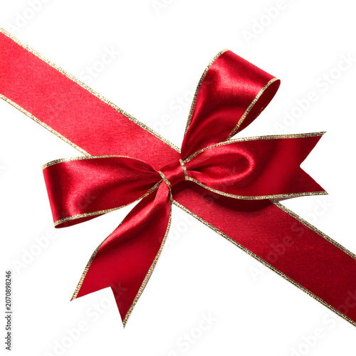 Luxurious Red Satin Ribbon Bow with Sparkling Gold Edges Isolated on Black Background Christmas Holiday Gift Packaging Decoration High Resolution Graphic Asset