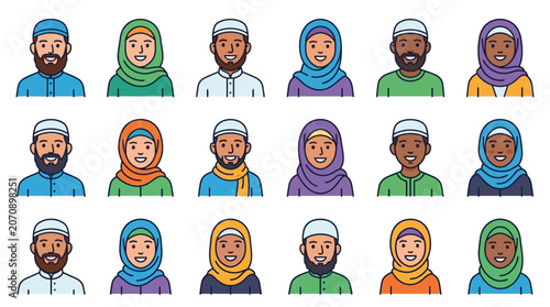 Vibrant and joyful Muslim community portraits showcasing diverse happy individuals in colorful traditional attire celebrating unity and culture