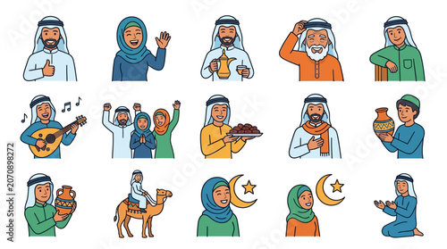 Diverse Collection of Expressive Middle Eastern Characters in Modern Semi Flat Design Style Featuring Joyful Smiling Faces Happy Gestures and Cultural Attire for Digital Media Branding and I