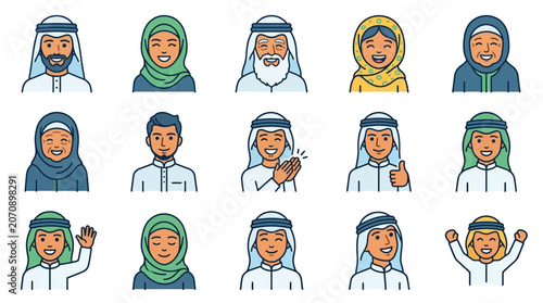 Diverse Collection of Expressive Middle Eastern Characters with Joyful Expressions in Semi Flat Design Style Perfect for Branding Illustrations and Digital Media Projects