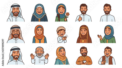 Expressive Semi Flat Style Arabian Character Collection with Joyful Facial Expressions and Vibrant Attire in High Detail Artwork for Commercial Design Projects