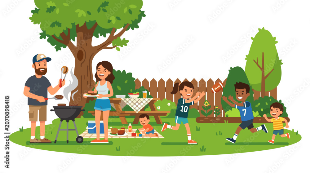 Naklejka premium Family enjoying a summer barbecue in the backyard with kids playing games