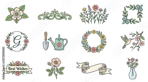 Spring floral composition with delicate botanical blossoms and elegant greeting card layout featuring soft pastel colors and handwritten message space