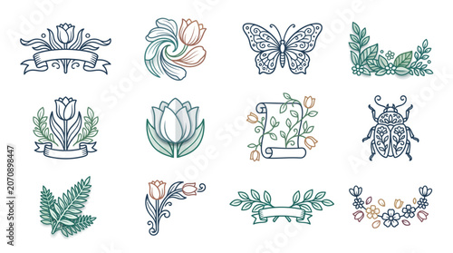 Artistic Floral Banner with Vintage Tulip Petals Delicate Insects and Layered Botanical Paper Cut Elements for Creative Designs