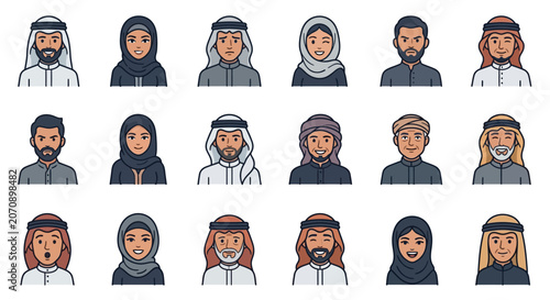 Premium Collection of 56 Highly Detailed Arabian Style Cartoon Avatars with Fully Customizable Facial Expressions and Emotions in Modern Flat Design for Digital Media and Branding Projects