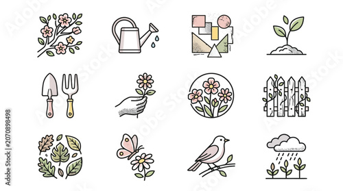 Vintage spring garden collage with blooming cherry blossom trees hand drawn halftone textures retro photocopy effect artistic floral composition seasonal nature for creative design projects