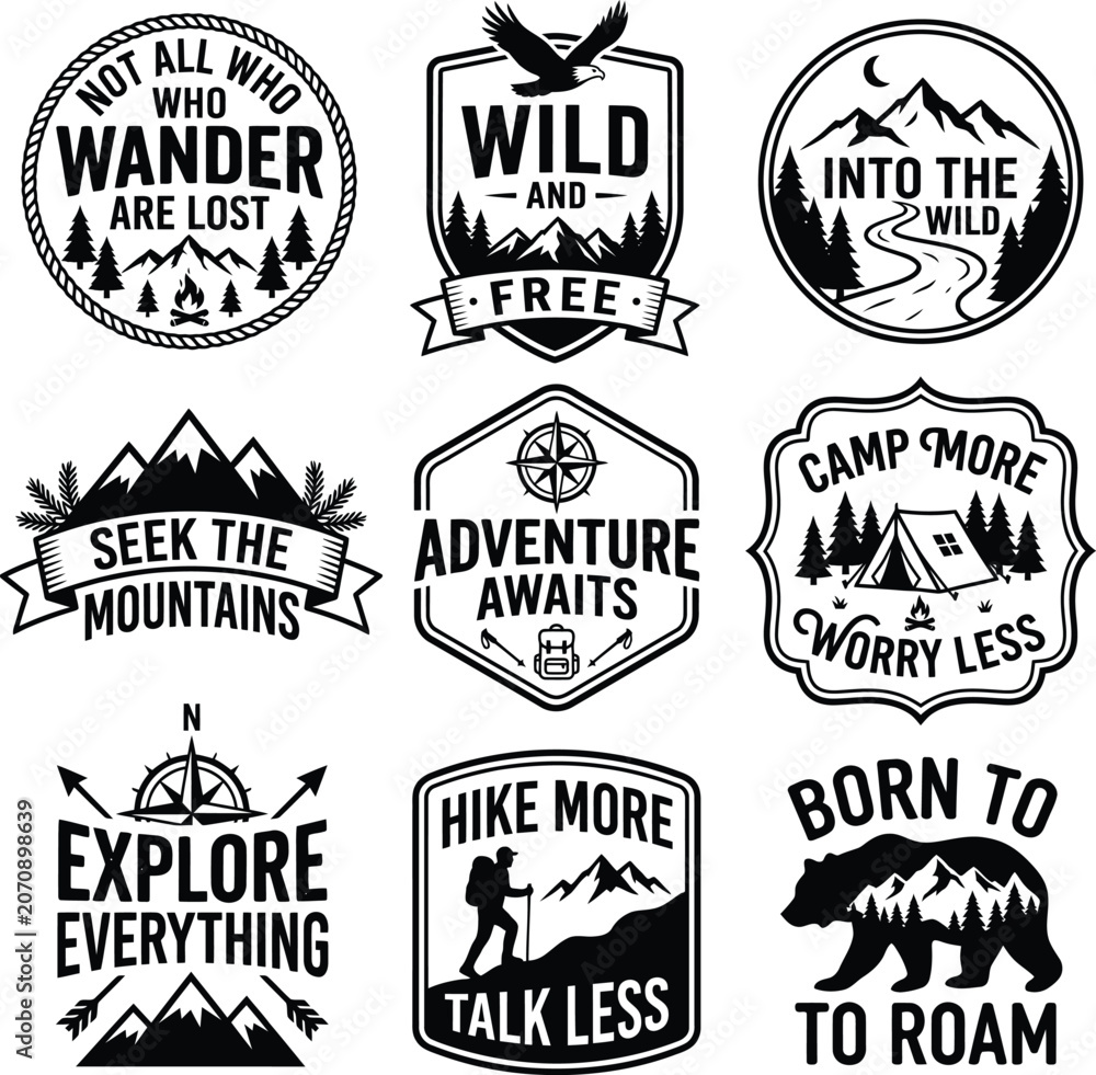Fototapeta premium Outdoor Adventure Badge Bundle for Hiking Camping and Wilderness Branding
