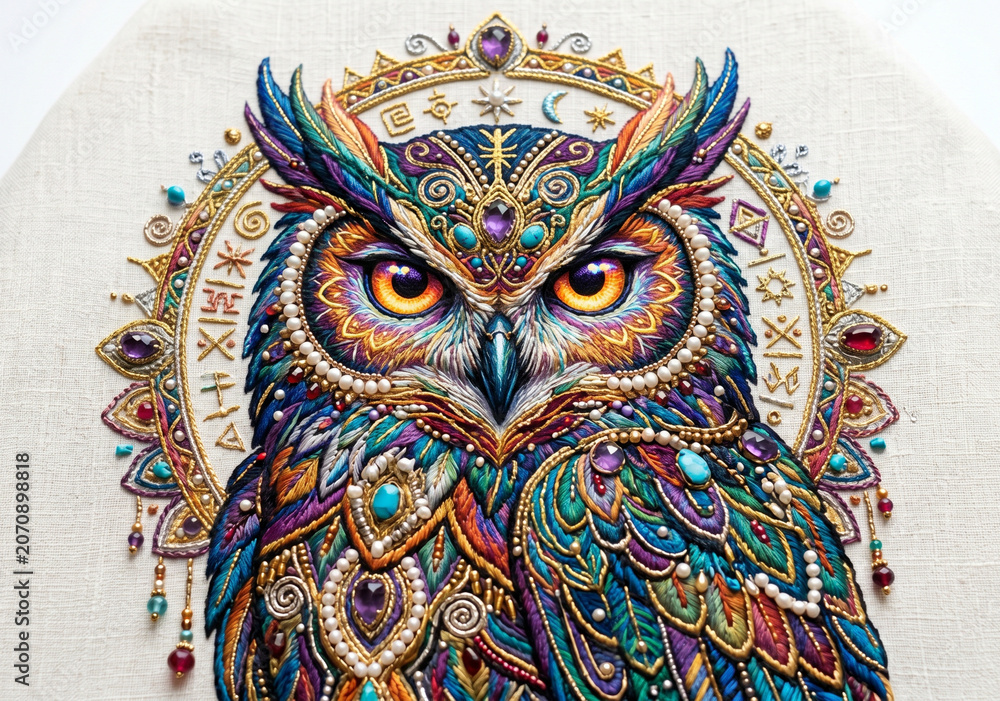 Fototapeta premium Luxury Pearl Embroidered Owl Portrait Artwork