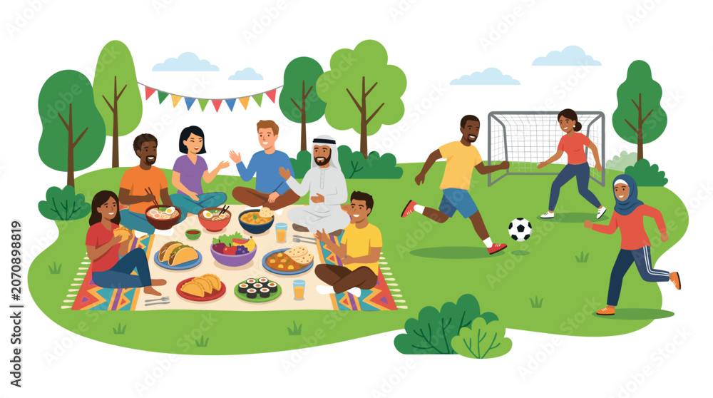 Naklejka premium Diverse group of people enjoying a picnic and playing soccer in a park