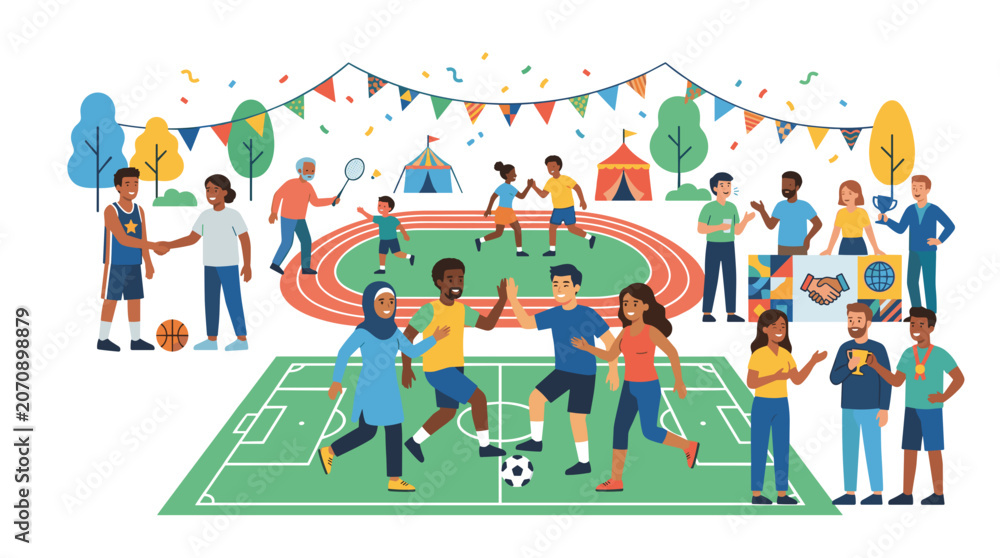 Fototapeta premium Diverse group of people celebrating sports and teamwork at a vibrant event