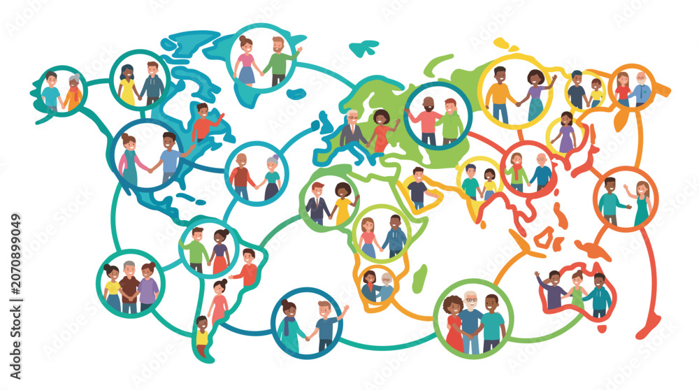 Naklejka premium Global connections and diversity illustrated on world map with diverse people