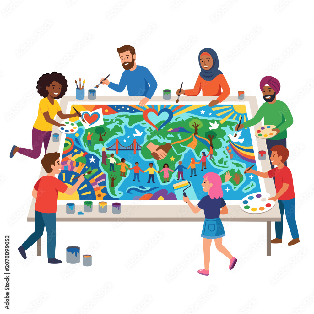 Fototapeta premium Diverse group of people collaborating on a world map mural promoting unity and peace