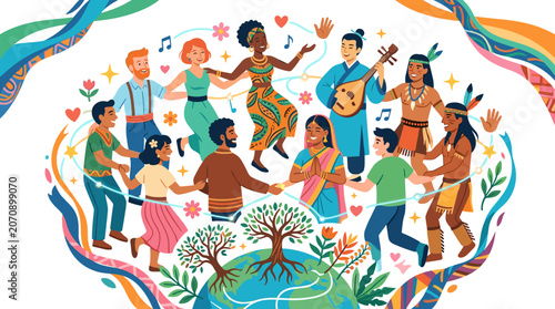 Diverse people dancing around the world with trees and colorful ribbons