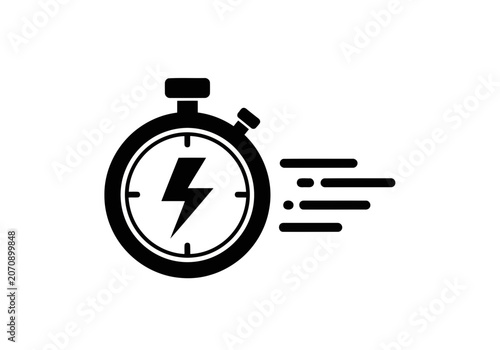 A simple yet nice black icon of a perfect stopwatch with a perfect lightning bolt silhouette on its face and four motion lines to the right
