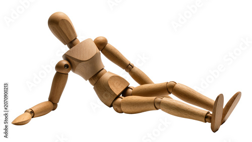 Photos Isolated wooden art mannequin lying relaxed, classic human figure model, natural