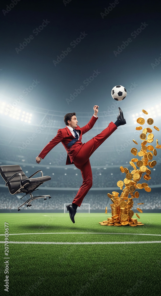 Fototapeta premium Businessman kicking soccer ball amidst falling gold coins on a stadium field, symbolizing wealth, success, and career advancement.
