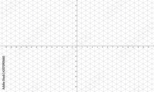 Blank isometric triangular grid with x and y axes. Graph paper with equilateral triangles and numbered axes from -14 to 14 horizontally and -8 to 8 vertically. Math and design template.