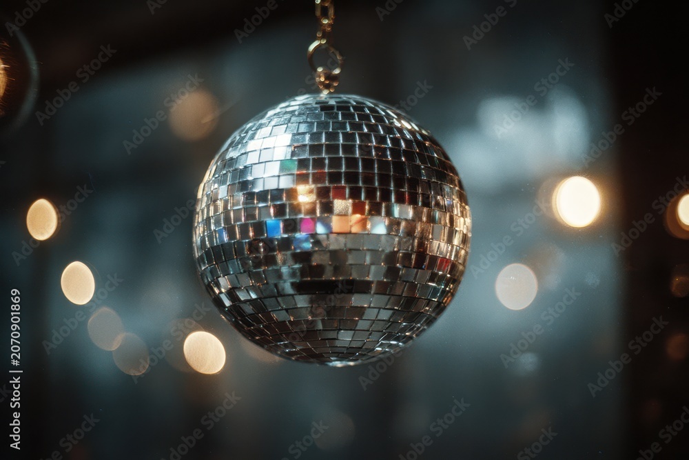 Obraz premium Moody close-up of a reflective sphere used as party decor in a dim, stylish setting