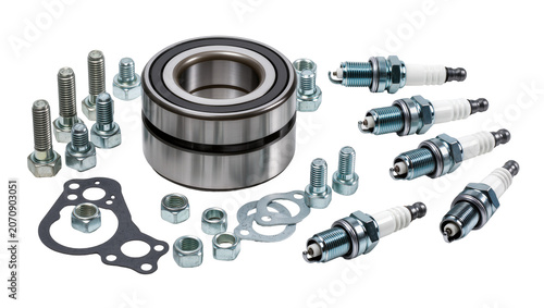 Fotografie Isolated car spare parts for vehicle maintenance including wheel bearing, spark plugs, and fasteners