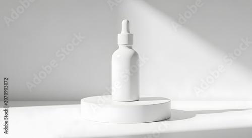 White dropper bottle mockup on pedestal cosmetic product presentation skincare branding visualization