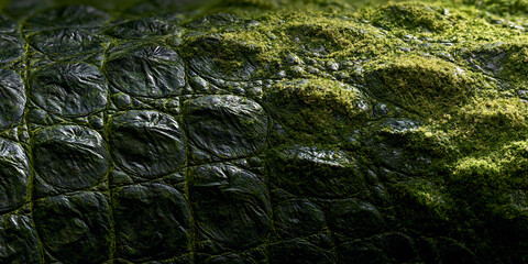 Close up macro photograph of dark crocodile skin texture covered in vibrant green moss